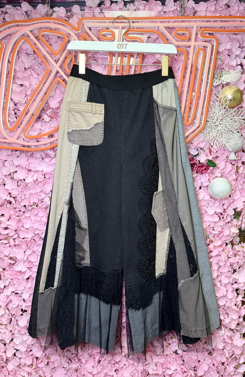 OTT只此一件•日系浪漫風撞色洗水黑杏啡牛仔蕾絲闊褲 - 女裝闊腳褲/長褲 - 棉．麻 卡其色