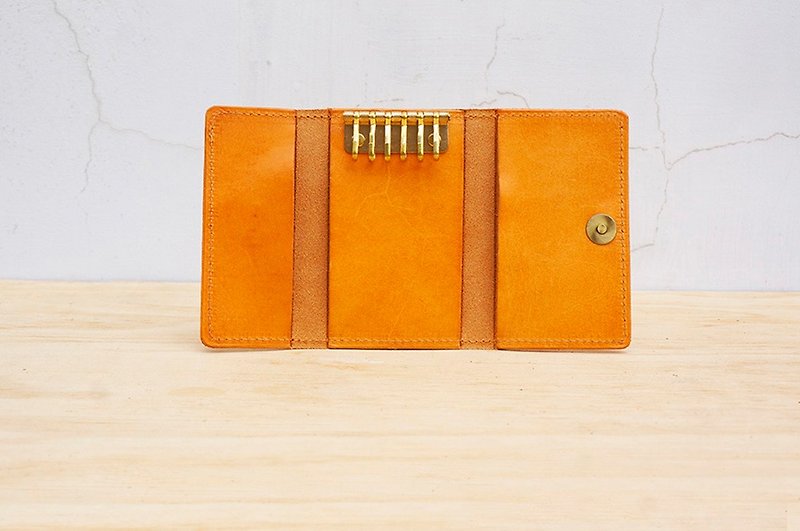 New leather の double induction key bag (customizable lettering) - Keychains - Genuine Leather Orange
