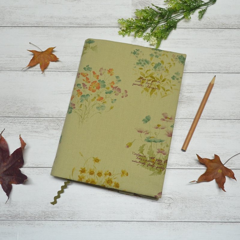 Flower language book cover with bookmark handmade Print Cotton Fabric canvas - Book Covers - Cotton & Hemp Green