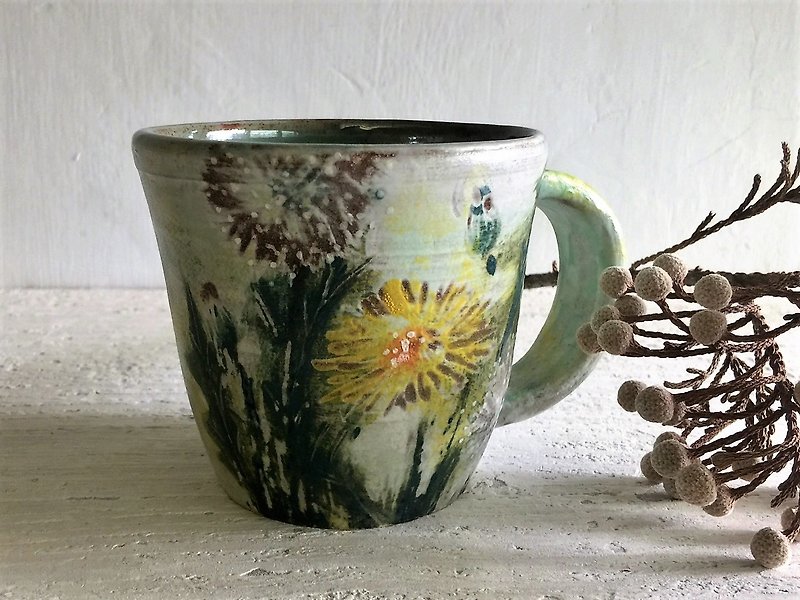 Dandelion impression (sold out and re-made) _ pottery mug - แก้วมัค/แก้วกาแฟ - ดินเผา สีน้ำเงิน
