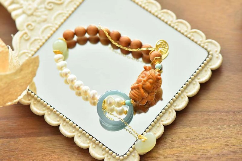 印度 天然老山檀珠 綠檀木龍女珍珠瓜藍翡翠跑環設計單圈手串m - 手鍊/手環 - 木頭 咖啡色