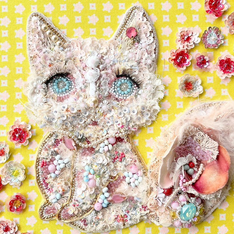 ビーズ刺繍アート 猫　Milky Berry - ポスター・絵 - 刺しゅう糸 