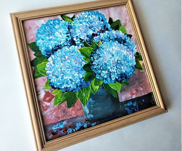あじさいの絵 花束 原画 青い花 油畫 壁飾り 藍染 - ショップ