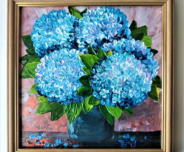 あじさいの絵 花束 原画 青い花 油畫 壁飾り 藍染 - ショップ