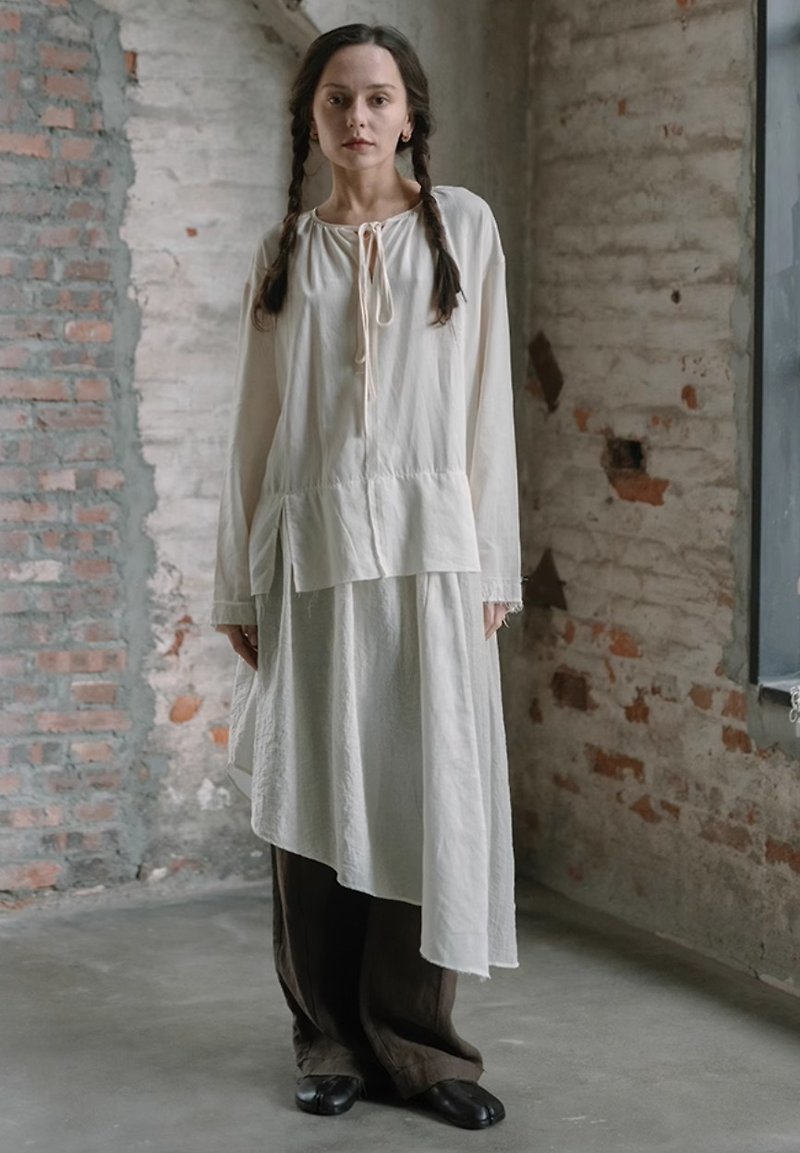 French minimalist irregular V-neck pullover shirt dress - One Piece Dresses - Other Materials White