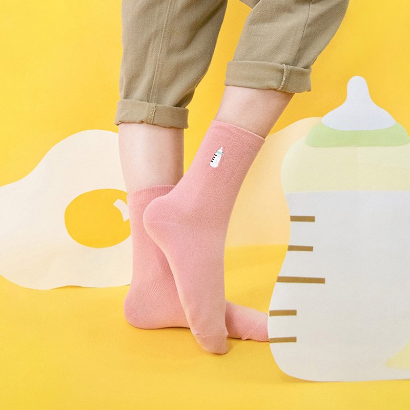 [Sweet burden for novice mothers] Embroidered AB mid-tube socks I Z0016 - Socks - Cotton & Hemp Pink