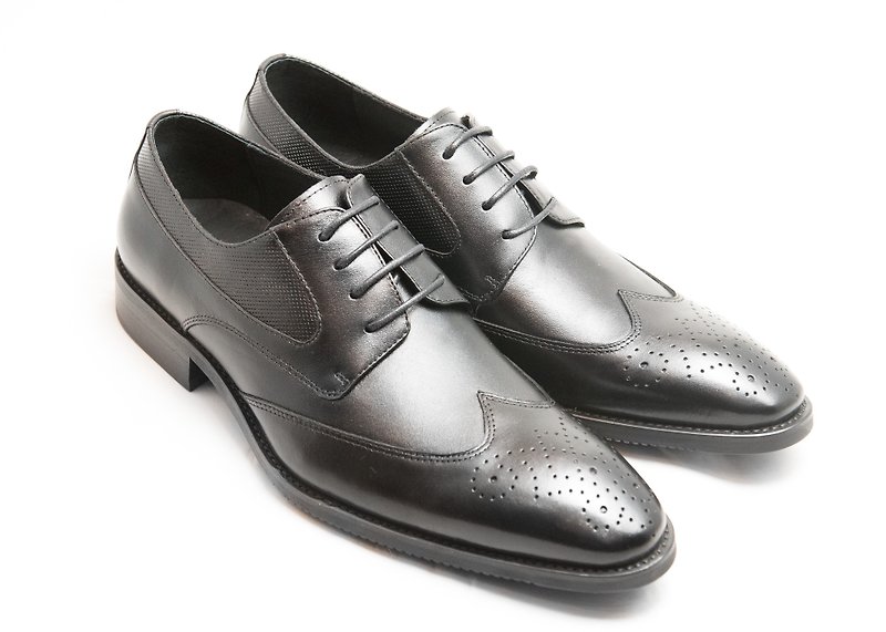 Hand-painted calfskin leather wooden heel wing pattern derby shoes-black-D1A62-99 - รองเท้าอ็อกฟอร์ดผู้ชาย - หนังแท้ สีดำ