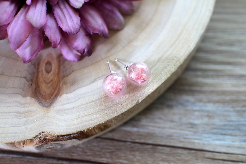 粉色乾燥花玻璃球耳環 耳夾 - 耳環/耳夾 - 玻璃 粉紅色
