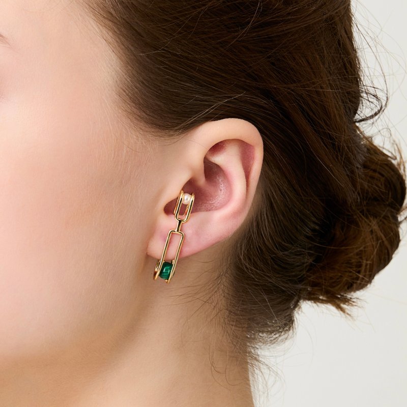 獨特幾何孔雀石耳扣 Enigma Green Malachite Earcuff - 耳環/耳夾/耳骨夾 - 純銀 金色
