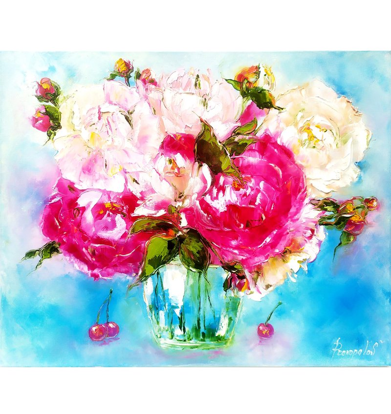 Peony Painting Flower Original Art Floral Wall Art Pink Peonies In Vase 16x20 in - ตกแต่งผนัง - วัสดุอื่นๆ สีม่วง