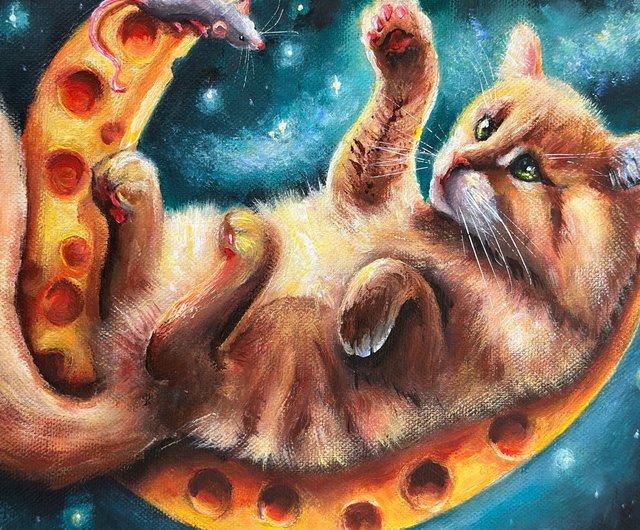 オレンジ色の猫の絵、ジンジャーキャットの絵、猫の壁飾り、缶とネズミ