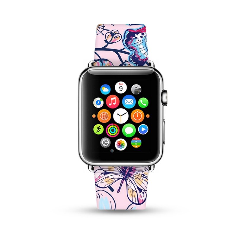 Apple Watch 真皮手錶帶,適用於所有型號, 粉紅花與蝴蝶案圖 -028 - 錶帶 - 真皮 粉紅色