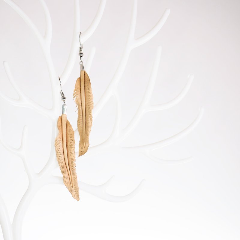 Leather Crave Earring Feather design - Natural - Earrings & Clip-ons - Genuine Leather Khaki