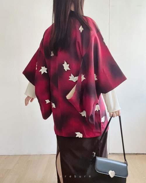 REreburn 日本製和風印花黑紅色古著羽織道行和服外套