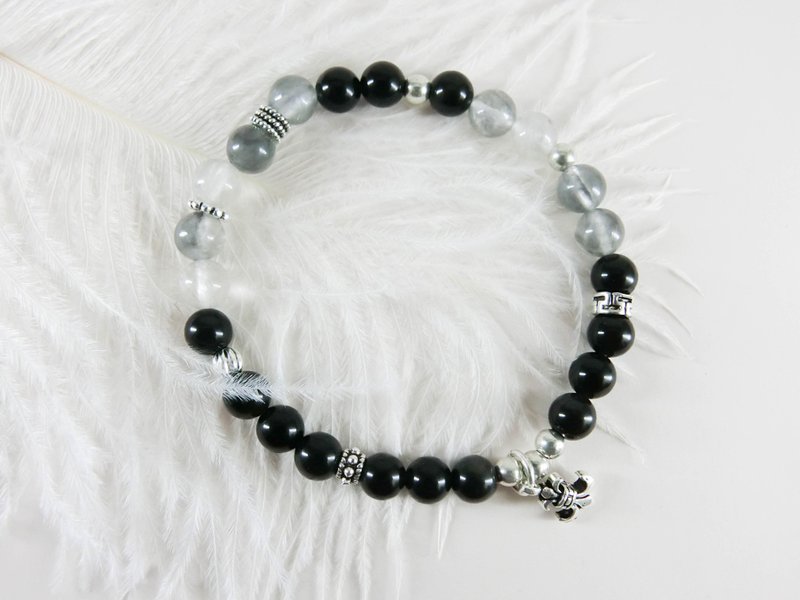 黒とグレーの明るさ天然石シルバーブレスレット│ブラックグレー系玥ユニコーンエントリーアイテム - ブレスレット - 宝石 ブラック