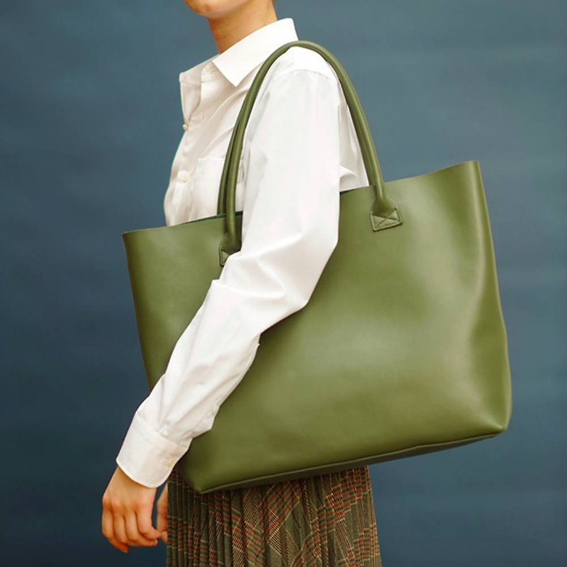 小號 | 棕色/橄榄綠色 牛皮大托特購物袋 單肩手提包女真皮包 - 側背包/斜孭袋 - 真皮 綠色