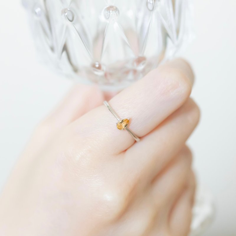 黃水晶925純銀水滴爪鑲戒指 可調式戒指 - 戒指 - 水晶 銀色