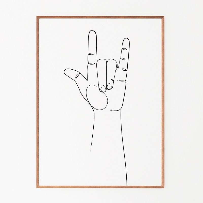 Rock hand art print, Rock line art, Hand gesture sign print, Printable wall art - 電子似顏繪/繪畫/插畫 - 其他材質 