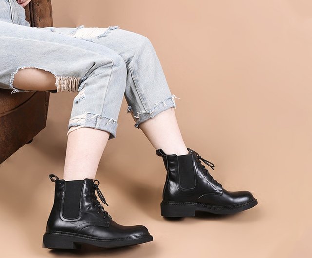 チェルシーブーツ レトロ マーチンブーツ 本革 ローヒール レディース ブーツ - ショップ Dwarves Leather Shoes ブーティー  - Pinkoi