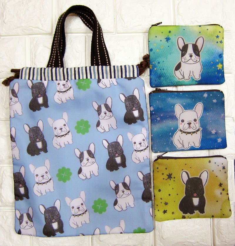[Surprise Package_French Bulldog Boston Terrier] One drawstring pocket + one key case - Handbags & Totes - Cotton & Hemp Multicolor
