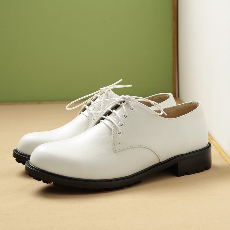 Off-White Leather Strap Wide Last Platform Derby Shoes - Women's Oxford Shoes - Genuine Leather 