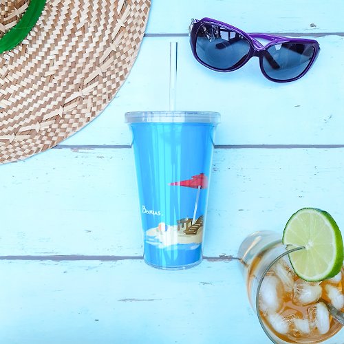 Bonus好杯杯 夏日系列雙層吸管冷水杯 500ml - 海灘