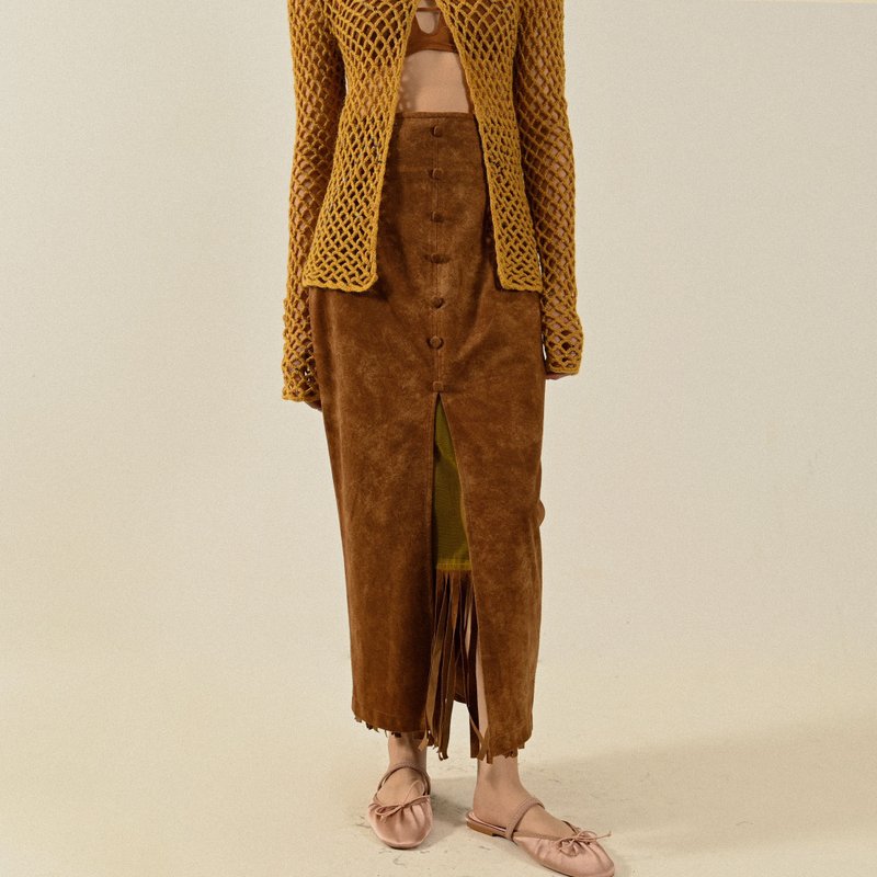 【NaSuBi Vintage】Fringed Velvet High-Waisted Vintage Maxi Skirt - Skirts - Other Man-Made Fibers Brown