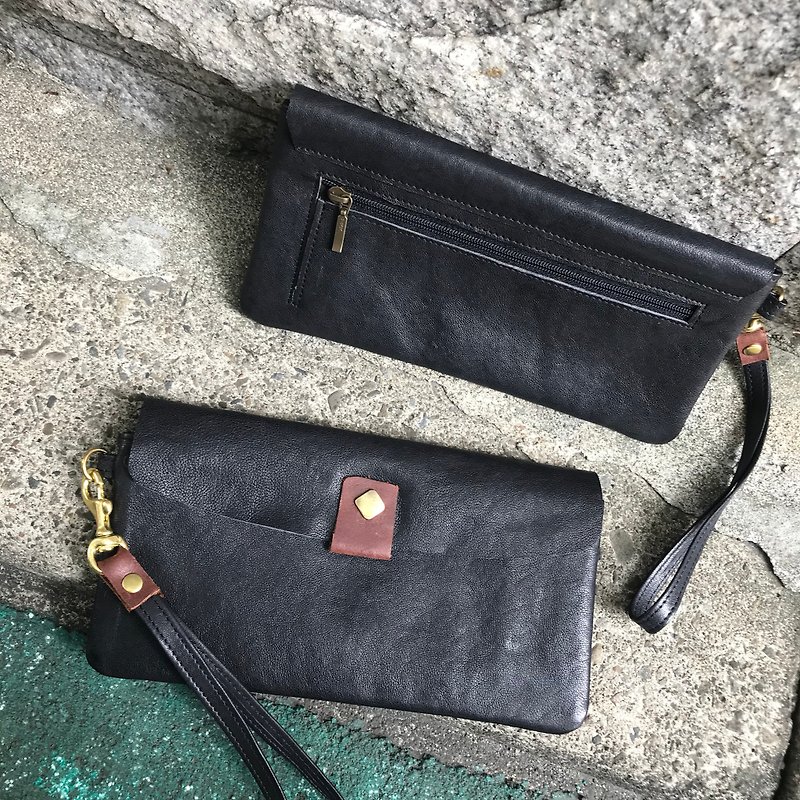 Sienna leather composite design multi-purpose long clip clutch - Clutch Bags - Genuine Leather Black