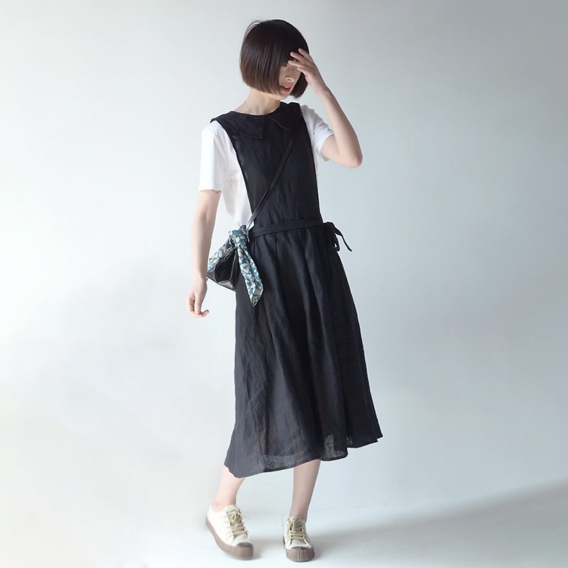 Black doll collar retro vest skirt | dress | spring | linen | Sora-266 - One Piece Dresses - Cotton & Hemp Black