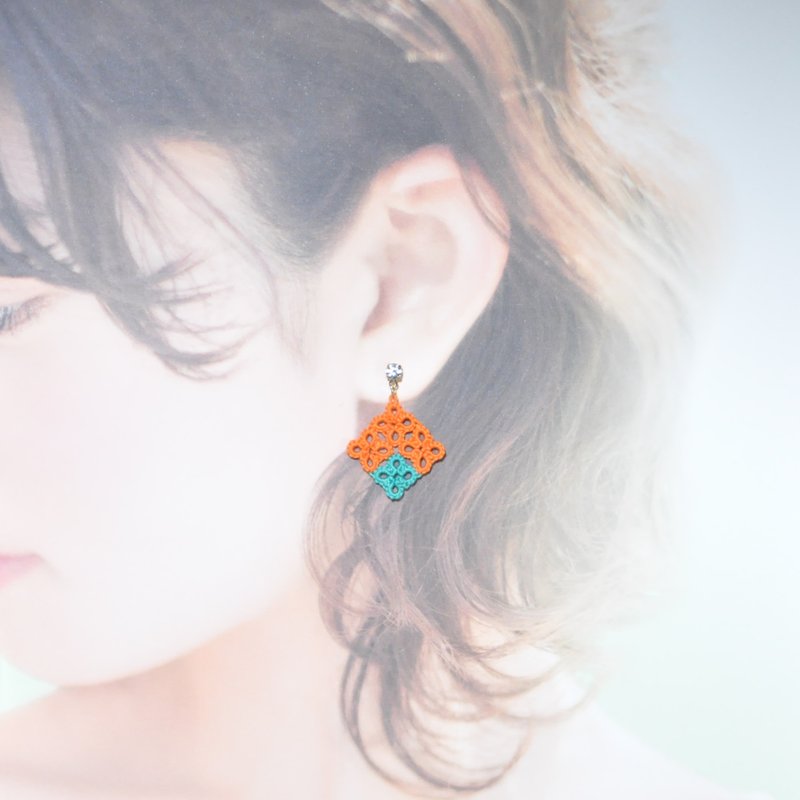 新品萬歲! 馬賽克方塊耳環 橙綠 Mosaic Square Earrings Tatting - 耳環/耳夾/耳骨夾 - 繡線 橘色