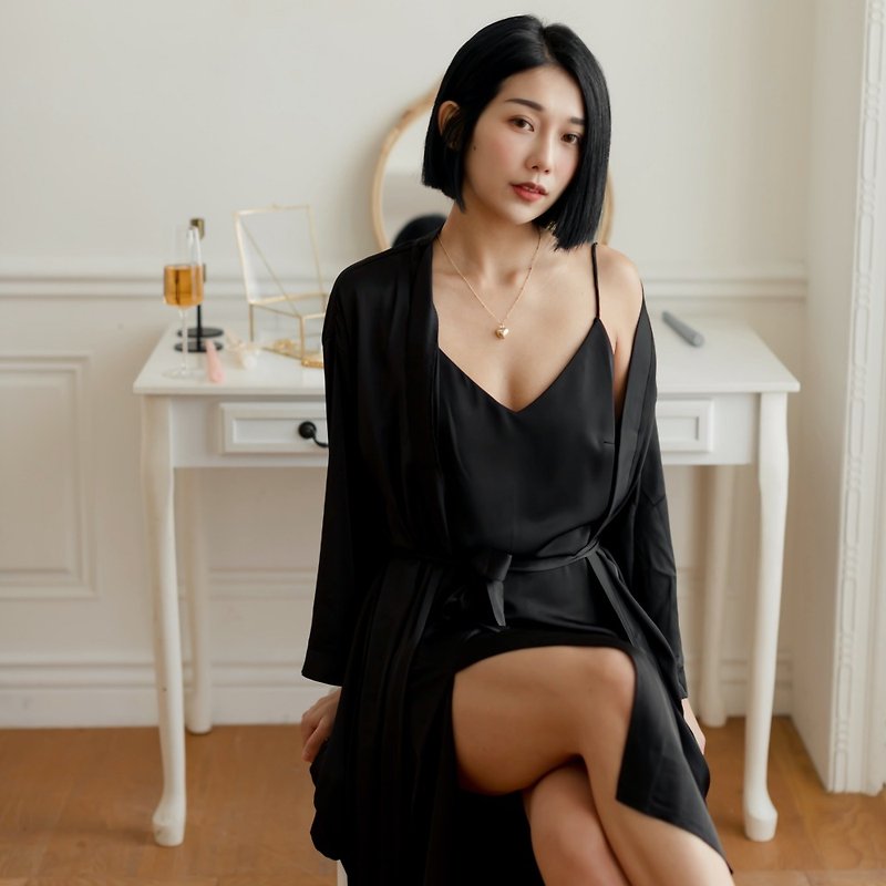Matte Black Drop Shoulder Long Belted Nightgown (with straps) - Loungewear & Sleepwear - Other Materials Black
