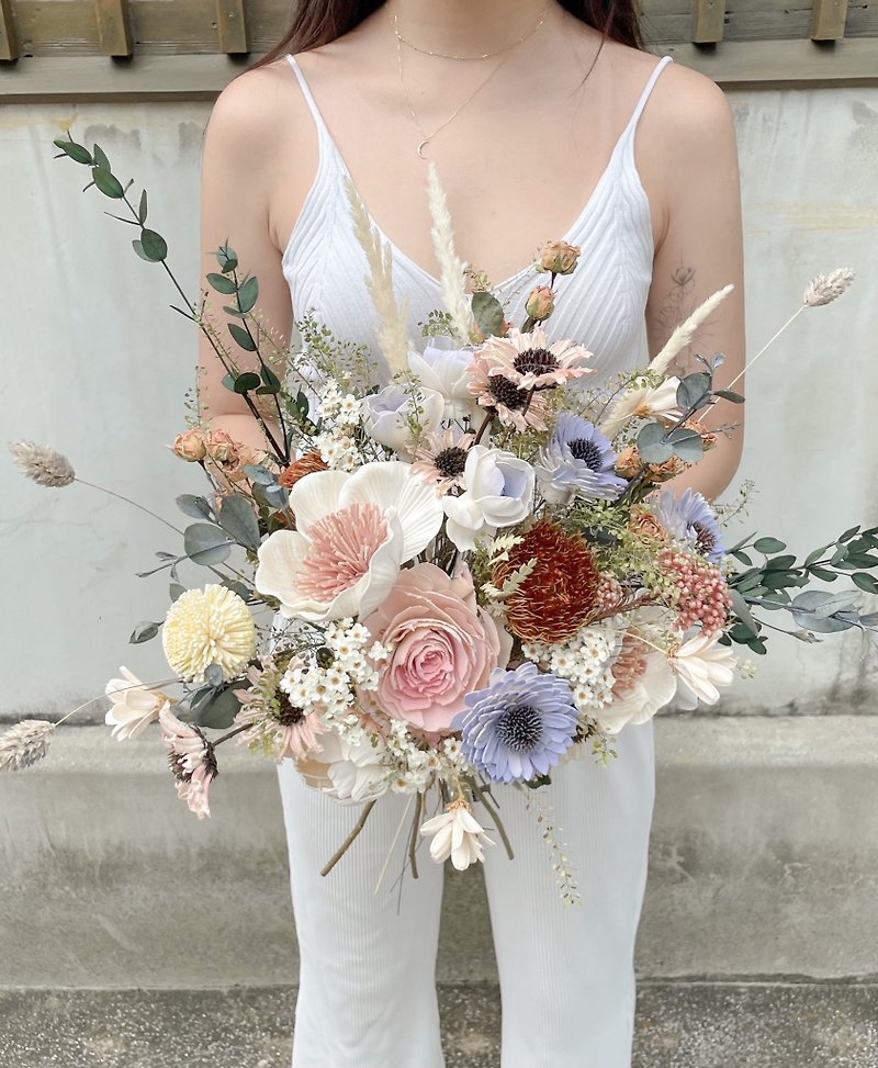 【Poppy Sunflower Bouquet】With a handwritten photo card, Korean-style tied flowers, dried flower bouquet, wedding photography - ช่อดอกไม้แห้ง - พืช/ดอกไม้ ขาว