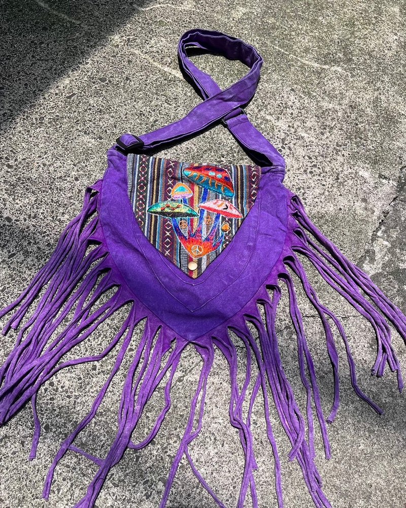 喜迎瑤 尼泊爾 蠟染 刺繡包 斜背包 流蘇包包 蘑菇 民族風 psy - 側背包/斜背包 - 棉．麻 紫色