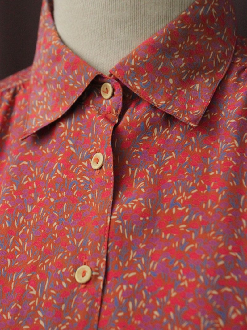 復古日本製典雅桃粉色碎花長袖古著襯衫 Vintage Blouse - 恤衫 - 聚酯纖維 紅色