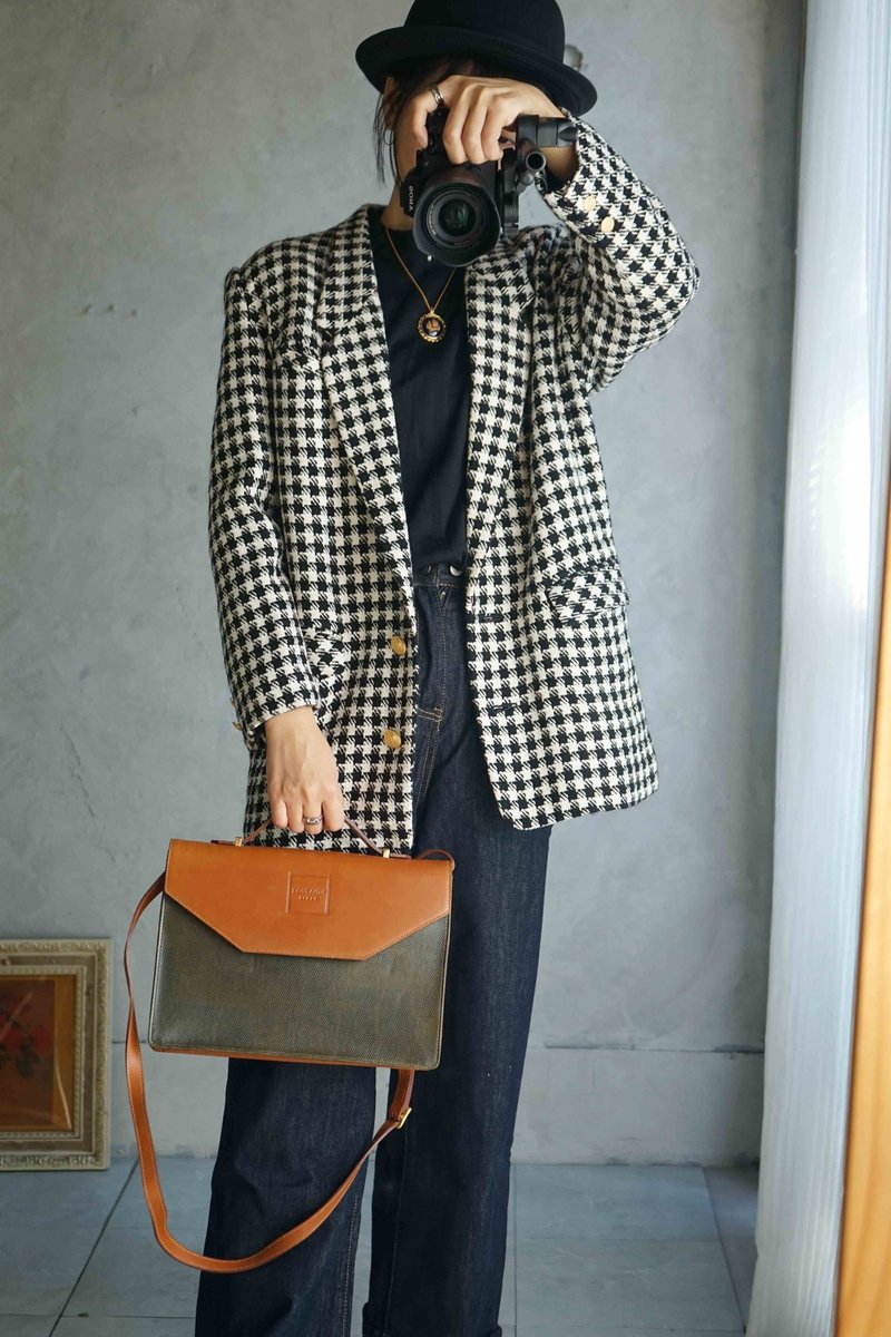 尋寶古著-經典黑白千鳥格金釦復古西裝外套 - 女西裝外套 - 聚酯纖維 黑色