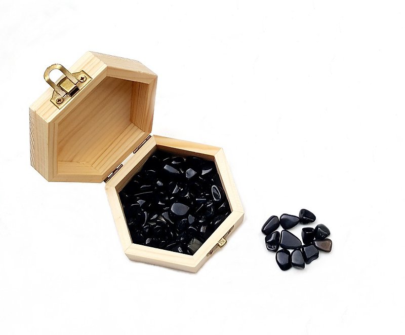 天然大顆粒黑曜石消磁石-凈化充電消磁天然NG微瑕松木盒套組 - 其他 - 水晶 黑色