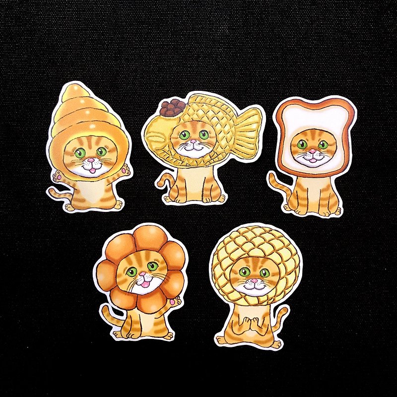 Hand-painted Bread Headgear Cat Snack Cat Waterproof Sticker Set 5pcs - สติกเกอร์ - กระดาษ 