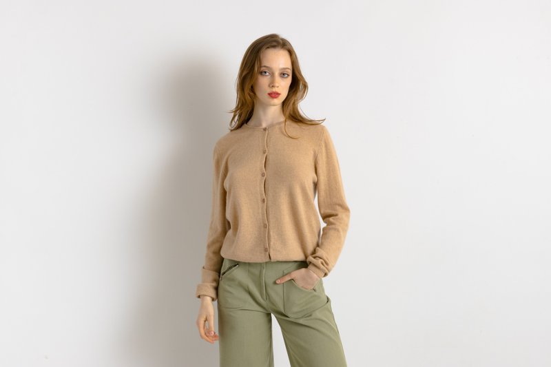 Womens Jumper Beige Cashmere Jumper Minimalist Sweater Knitwear 7514 - 女毛衣/針織衫 - 羊毛 金色