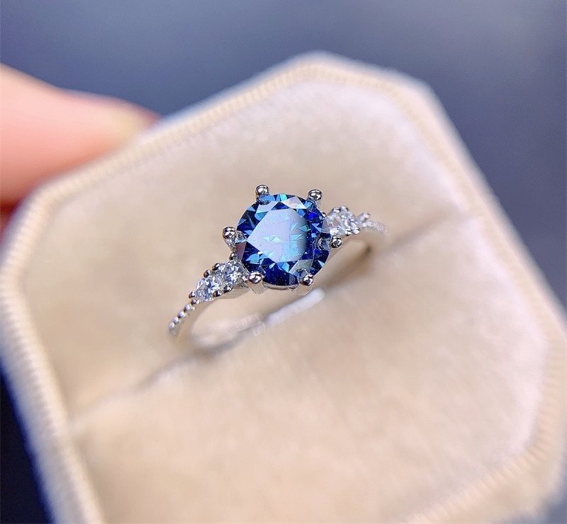 Blue Moissanite Ring, 1 Ct Moissanite Ring, Crackling Moissanite Ring - 戒指 - 純銀 藍色