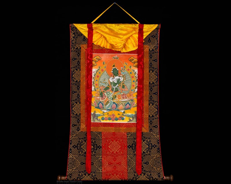 古董綠度母唐卡 - 啟蒙的象徵 拉長石 - 壁貼/牆壁裝飾 - 其他材質 多色