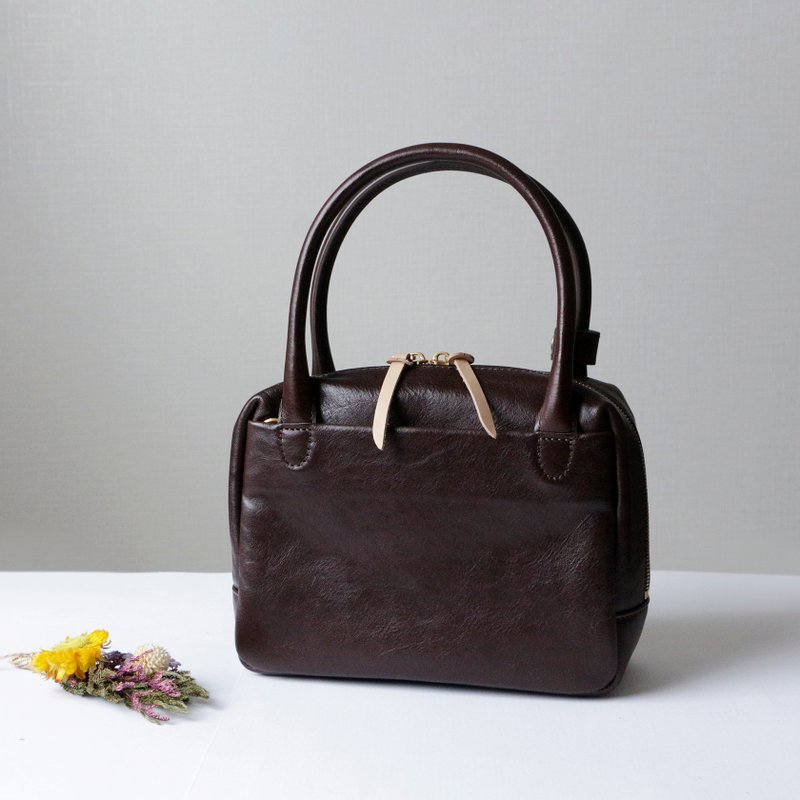 A chic, glossy genuine leather handbag, perfect as a crossbody or a 2-way shoulder bag in a sophisticated coffee hue. - Messenger Bags & Sling Bags - Genuine Leather Brown