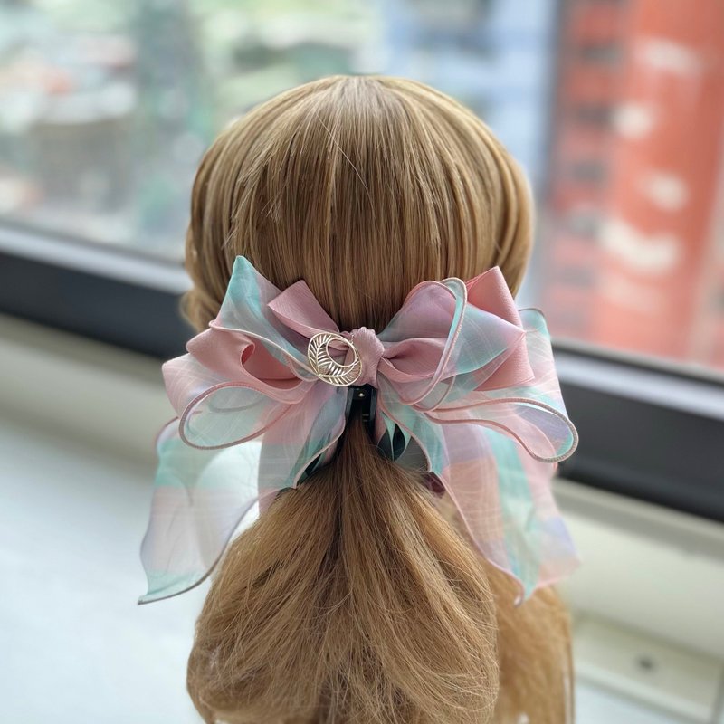 Plaid Organza Bow Intersecting Clip Banana Clip Fairy Clip Hair Clip - Pink Green - เครื่องประดับผม - วัสดุอื่นๆ สึชมพู