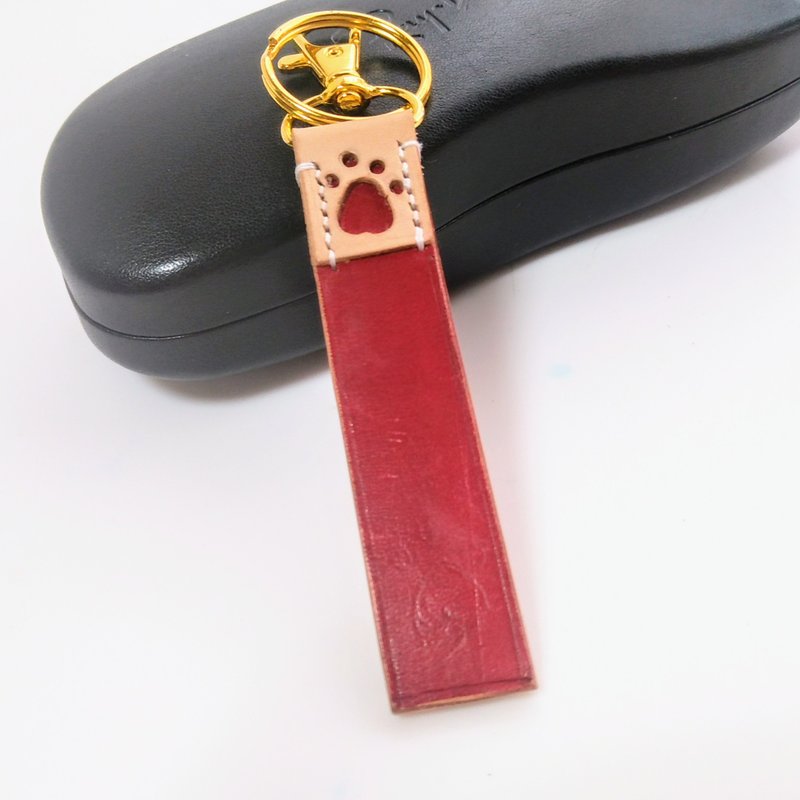 Genuine Leather - Paw Keychain Hand-stitched - Unbleached Paws on Red Main Body - Keychains - Genuine Leather Red