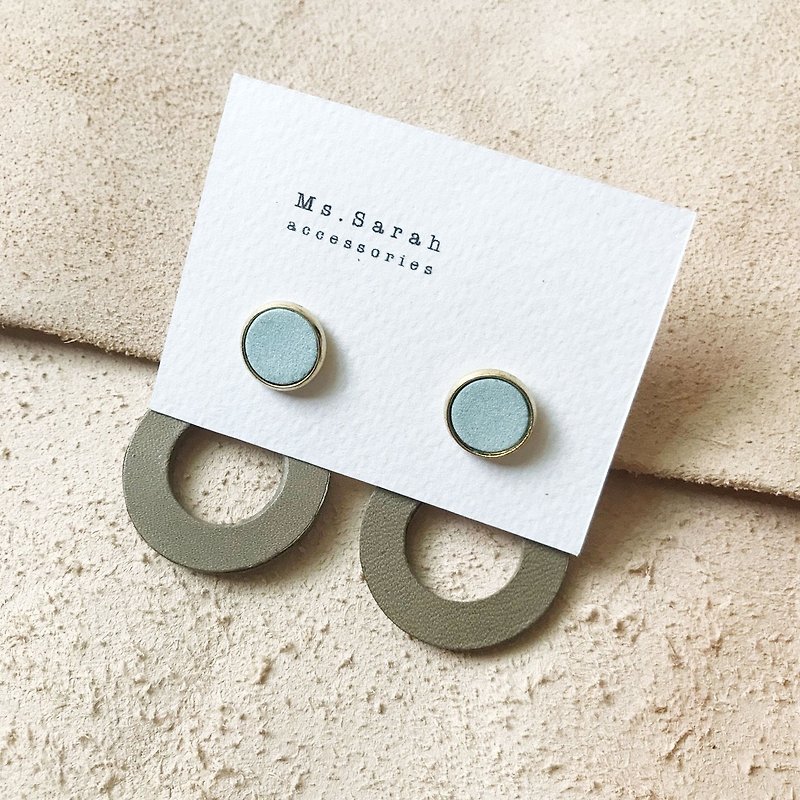 Leather earrings_round frame No.6 work #10_mint green with off-white - ต่างหู - หนังแท้ สีน้ำเงิน