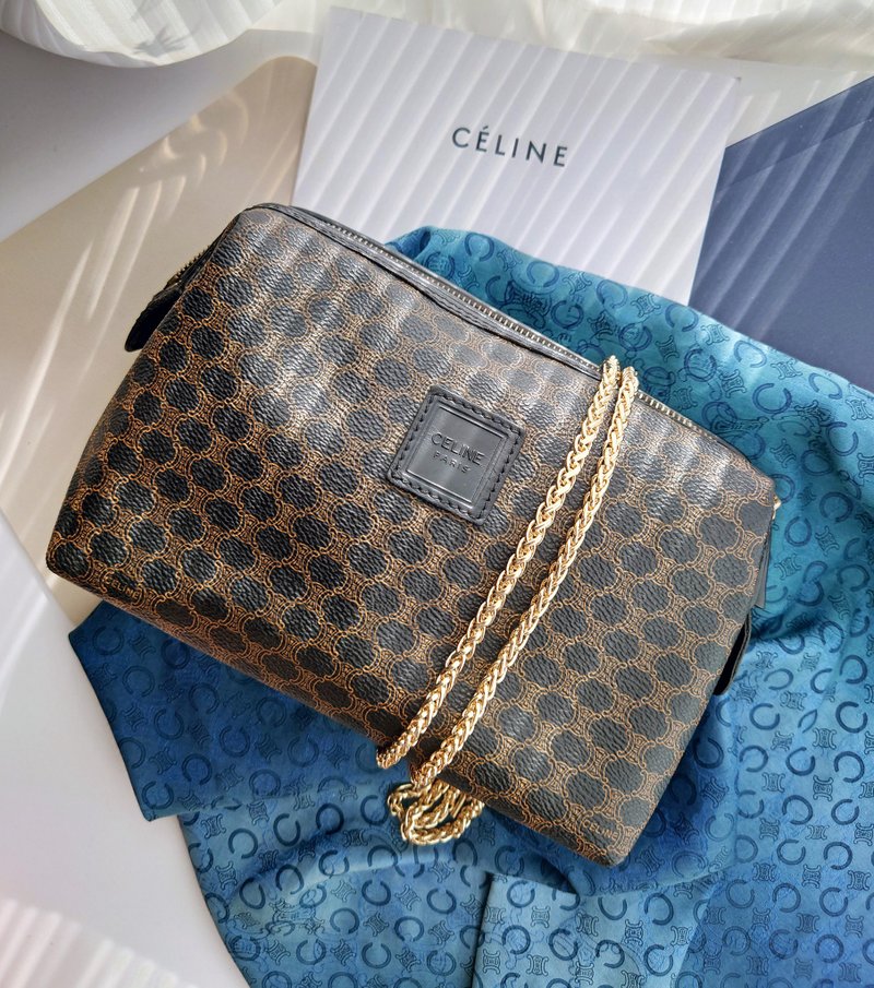 中古包 CELINE 黑花收納包化妝包鏈條包雲朵包斜揹包斜挎包單肩包 - 側背包/斜背包 - 防水材質 黑色