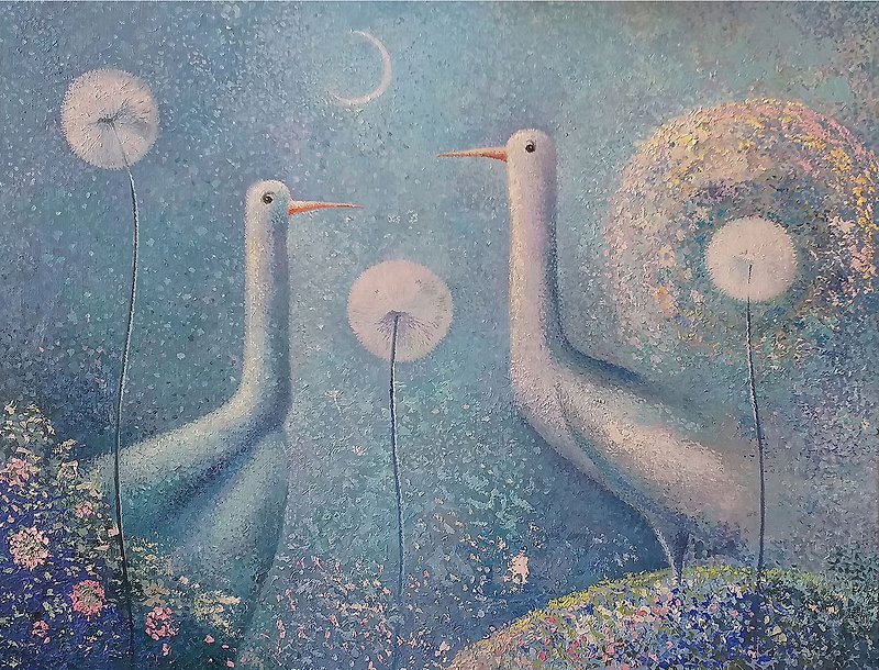 Two birds. Original painting. Oil on canvas. Modern style. - Wall Décor - Other Materials Blue