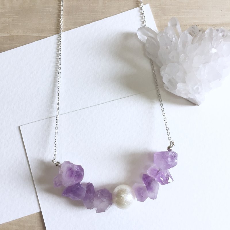 Lavender Fairy Amethyst Raw Stone 925 Silver Necklace - สร้อยติดคอ - เครื่องเพชรพลอย สีม่วง