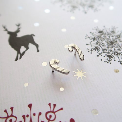 COOL & HOT 【聖誕禮盒】925純銀 拐杖糖 耳環 耳夾 一對 免費送禮包裝