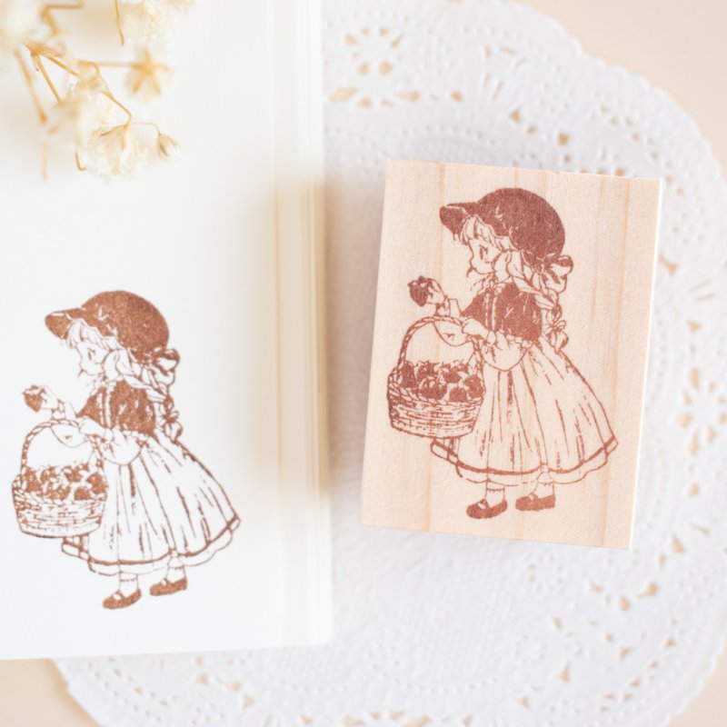 Rubber stamp - A Girl Picking Strawberries - ตราปั๊ม/สแตมป์/หมึก - ยาง สีนำ้ตาล