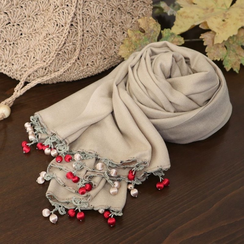レースのさくらんぼ付き パシュミナストール【チェリー】カフェモカ - 絲巾 - 羊毛 咖啡色